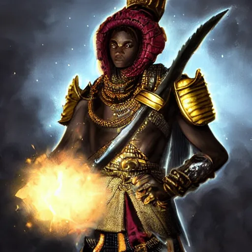 Prompt: a young black boy dressed like an african moorish warrior in gold armor and a crown with a ruby, and a glowing weapon, charging through a dragons lair, for honor character digital illustration portrait design, by adi granov in a cyberpunk style, dramatic lighting, wide angle dynamic portrait