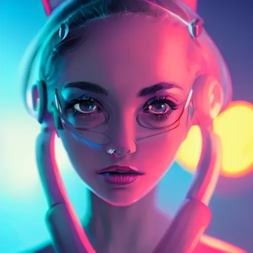 Image similar to portrait of a cute young woman with robot ears and eyes, 4k, sharp focus, neon colored fluorescent lighting, Andreas Rocha, perfect faces, fine details