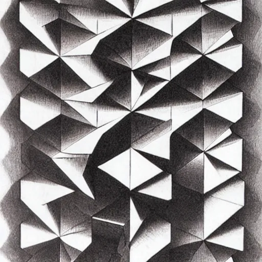 Image similar to “Impossible platonic solids, optical illusion art by M.C. Escher, lithograph, 1959”