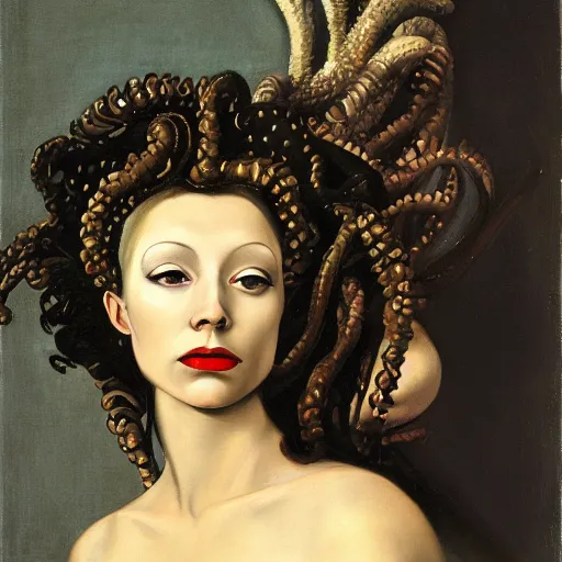 Image similar to Marjorie Taylor Greene painted as Medusa by Caravaggio