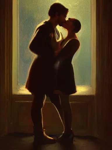 Image similar to masterpiece painting by jean hugo, of a solo individual portrait of a guy and a girl kissing, cinematic light, renaissance, atmospheric effects, artstation