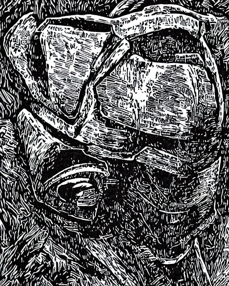 Prompt: a detailed lifelike linocut engraving of mf doom