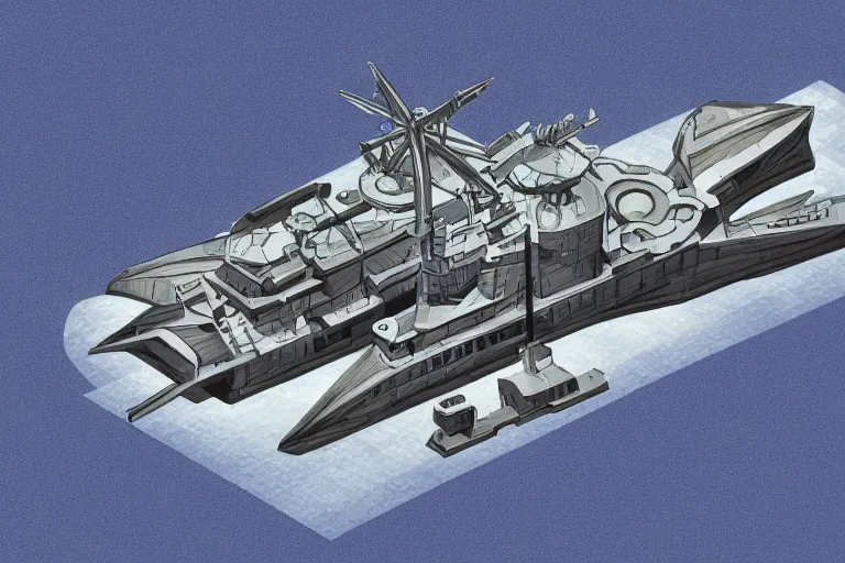 Prompt: axonometric schematics of a futuristic warship, highly detailed, intricate