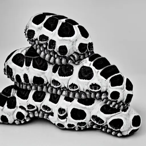 Prompt: caterpillar made of skulls, black and white photo