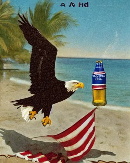 Prompt: postcard showing 'a cool bald eagle perched on a beach chair with shades and a beer bottle' laying in the sand, advertisement, american flag