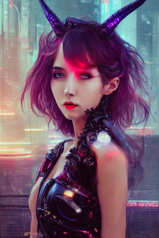 Image similar to portrait futuristic Devil Girl with horns and wings, in future cyberpunk tokyo rooftop , ssci-fi, fantasy, intricate, very very beautiful, elegant, human anatomy, neon light, highly detailed, digital painting, artstation, concept art, smooth, sharp focus, illustration, art by tian zi and WLOP and alphonse mucha