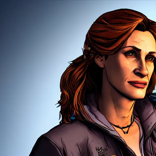 Image similar to julia roberts portrait, borderlands, tales from the borderlands, the wolf among us, comic, cinematic lighting, studio quality, 8 k