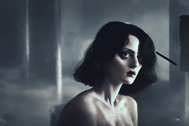 Image similar to a stunning portrait of Marla Singer smoking in the style of Blade runner 2049, sharp focus, cinematic