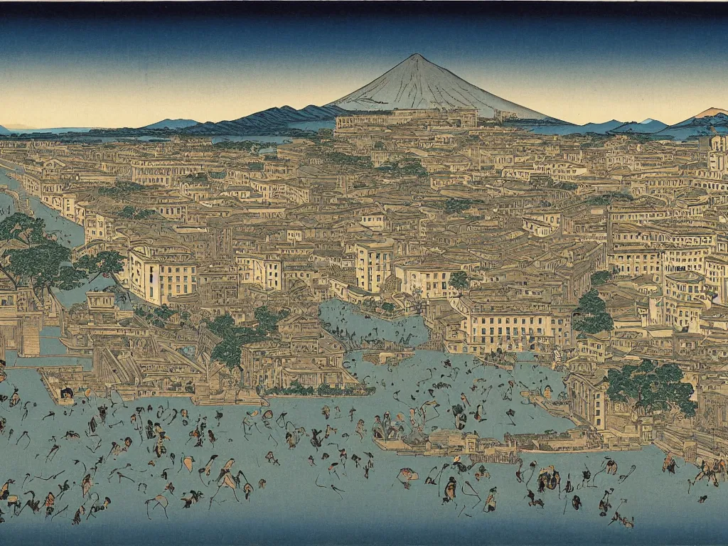 Image similar to View of the old Rome. Artwork by Hiroshige.