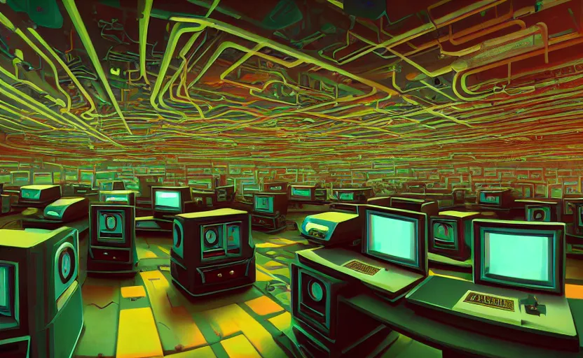 Prompt: Interior shot of a secret mysterious Hacker room with computers by Petros Afshar and Beeple, James Gilleard, Mark Ryden, Wolfgang Lettl highly detailed