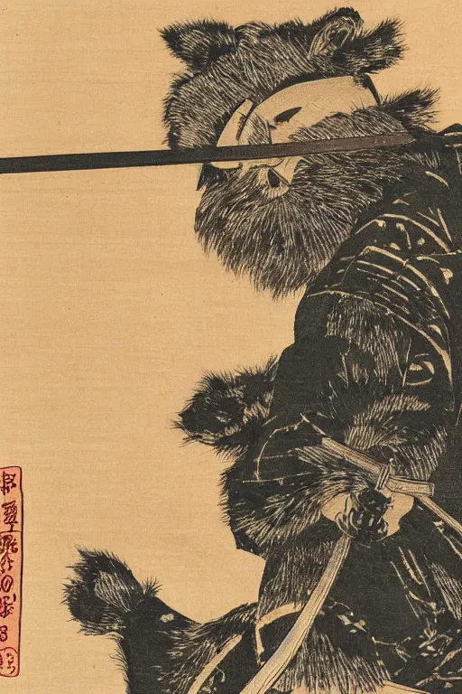 Image similar to Japanese woodblock print of an Ewok holding a samurai sword , cherry blossom, Hokusai