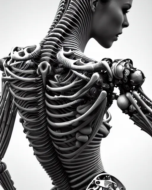 Image similar to raw bw 3 d render biomechanical intricate spinal ribbed exotic alien organic body detail of mechanical female cyborg, beautiful insanely detailed, digital art, octane render, 8 k artistic photography, photorealistic