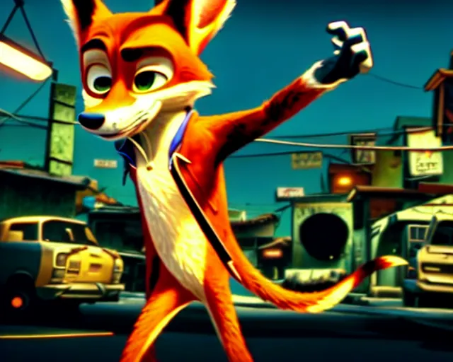 Image similar to nick wilde as max payne 3 set in gritty neo - noir zootopia, battle through the favela / furvela