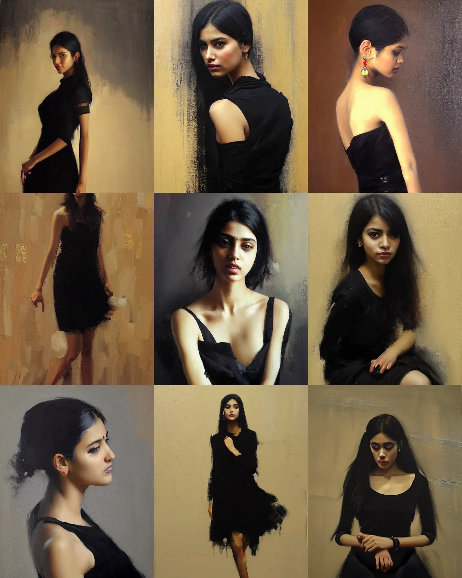 Image similar to beautiful portrait painting an gorgeous delhi girl wearing a little black dress, oil painting, art by ruan jia