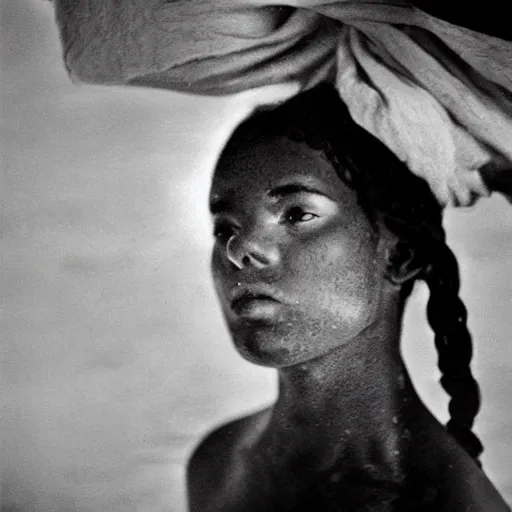 Prompt: mood by sergio larrain underwater photography. a sculpture of a head & shoulders view of a woman with dark skin. the woman's hair is styled in braids, & she is wearing a headscarf. she has large, dark eyes, & her expression is solemn.
