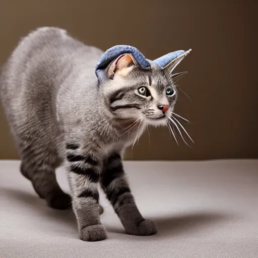 Prompt: cat standing on two legs, wearing boots and a feathered hat