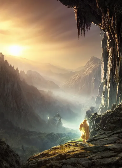 Image similar to a cosmic monk in lord of the rings scenery landscape, looking out at a gigantic alien temple, lush valley, sunrise, god's rays, highly detailed, vivid color, cinematic lighting, perfect composition, 8 k, gustave dore, derek zabrocki, greg rutkowski, belsinski, octane render