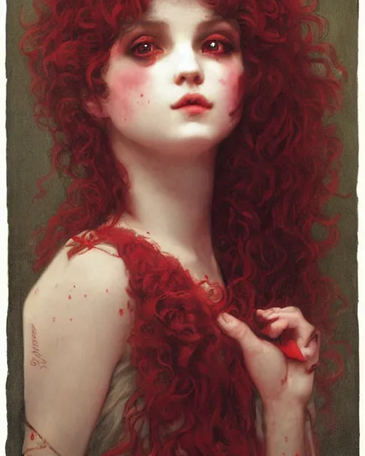 Prompt: a beautiful but sinister girl in layers of fear, with haunted eyes and curly hair, 1 9 7 0 s, seventies, delicate embellishments, a little blood, crimson, painterly, offset printing technique, by alexandre cabanel