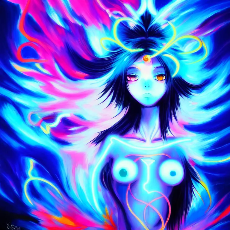 Image similar to abstract expressionism painting of a stunning anime goddess of light + blue eyes + blak glowing flowers, colorful atoms, misty, artwork by [ xsullo ]. trending on artstation