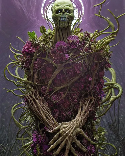 Image similar to the platonic ideal of flowers and roots of cletus kasady ultimate carnage thanos dementor doctor doom chtulu nazgul, detailed, intricate, hyperrealism, intense, scary, decay, dmt, art by brock hofer and artgerm and greg rutkowski and alphonse mucha