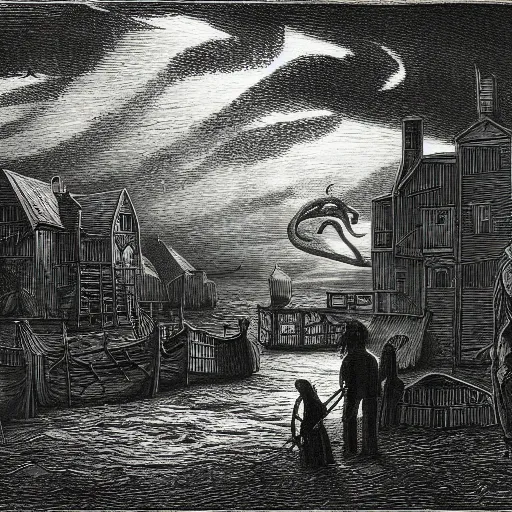 Prompt: Innsmouth by H.P. Lovecraft, fishing town, scenic image, dramatic lighting, drawing, illustration by Gustav Doré