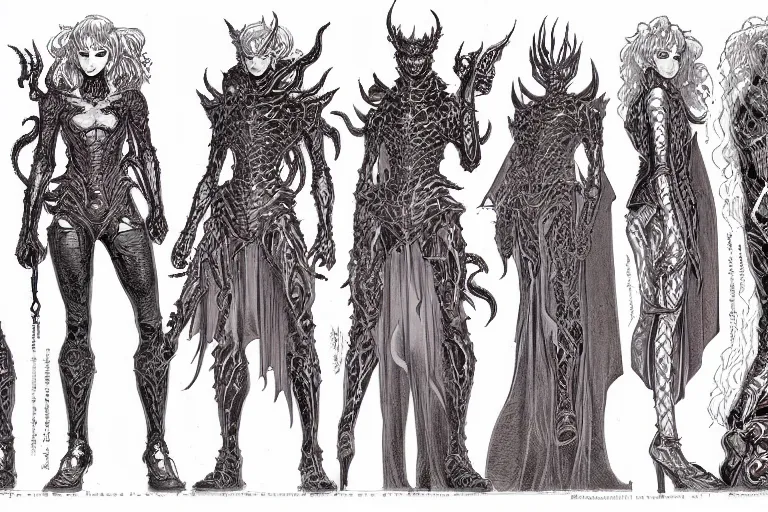 Image similar to study of a group of demons, character design sheet with intricate linework, in the style of moebius, ayami kojima, 9 0's anime, retro fantasy