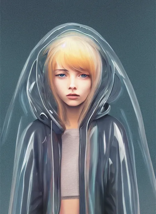 Image similar to a realistic portrait of a beautiful woman wearing a futuristic transparent raincoat with hoodie in a dystopian city, raining, by ilya kuvshinov