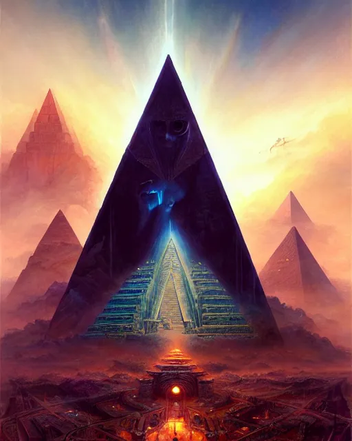 Prompt: a large pyramid made of pyramids and eyes fantasy character portrait, ultra realistic, wide angle, intricate details, blade runner artifacts, highly detailed by peter mohrbacher, boris vallejo, hajime sorayama aaron horkey, gaston bussiere, craig mullins