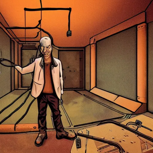 Prompt: last man on mars inside of a dystopian decrepit room, hooked up to a dream machine