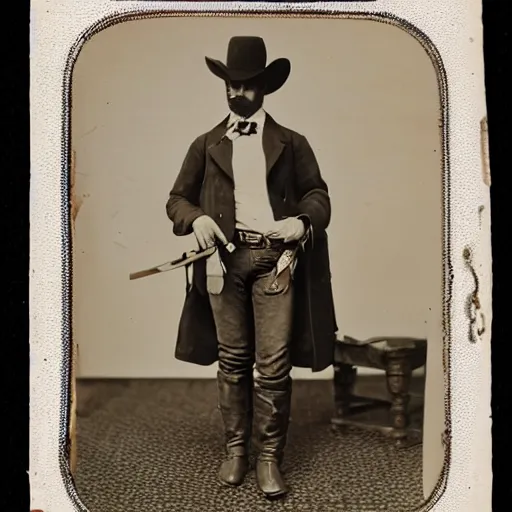 Prompt: kangaroo dressed in cowboy costume, cowboy hat boots spurs and pistol, 1 8 6 0 s, photo