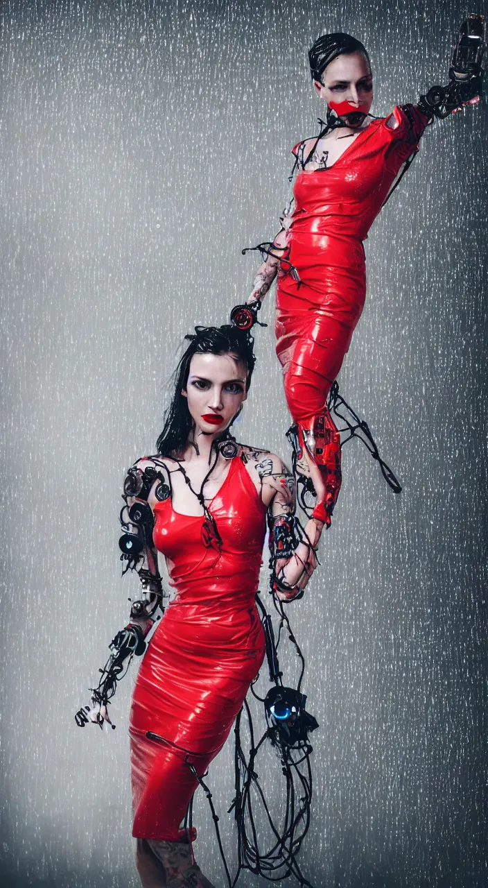 Image similar to woman, android, cyberpunk, artificial limbs, circuit, wires, mechanisms, tattoos, neon light, hard light, glamour, vogue photoshoot, fashion, long dress, red dress, raindrops, rain, wet, make - up, leaky make - up, red lipstick