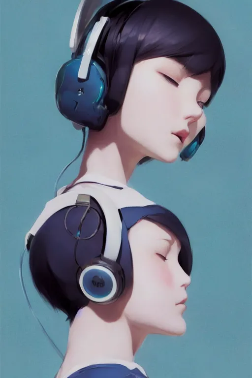 Image similar to a cute young woman listening to music with her eyes closed and wearing headphones in the style of Ilya Kuvshinov and Range Murata, white bob cut hair, freckles, blue filter, blue and white, vivid colors, soft lighting, cinematic, moody, nier automata, oil on canvas by Krenz Cushart, 8k