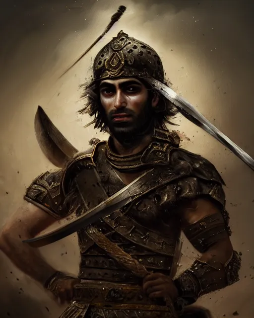 Image similar to portrait of a Persian Prince fighting at war, warrior, brutal battle, handsome prince, shaved face, without beard, attractive young man, shaved face, heroic pose, dramatic lighting, dark and horror, action and tragedy, dust and blood, intricate, wild, highly detailed, digital painting, artstation, concept art, smooth, sharp focus, illustration, art by artgerm and greg rutkowski and alphonse mucha, footage from space camera