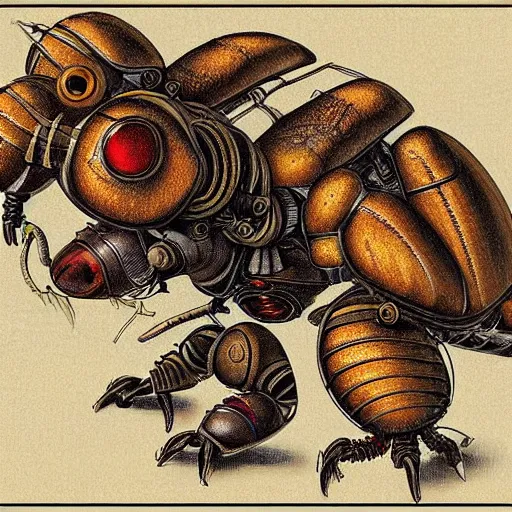 Image similar to detailed color technical schematics of robotic insectoids by da vinci