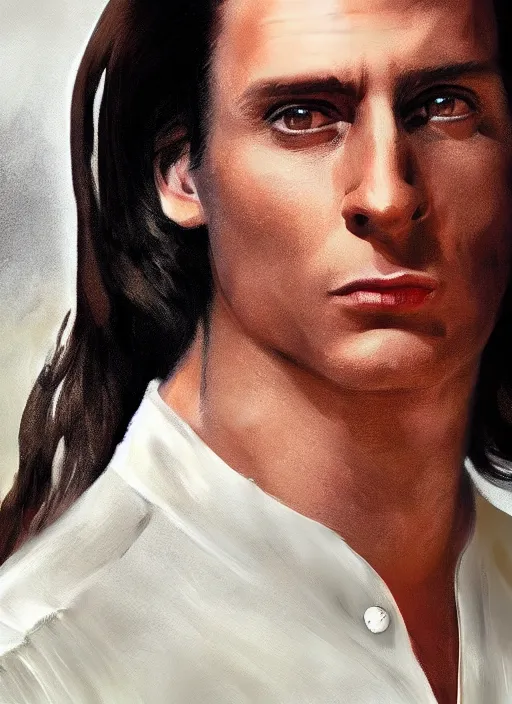 Image similar to Tarzan with long dark brown slicked back hair shoulder length slicked back hair, with pearl necklace and pearl earing, in the museum, in white turtleneck shirt, Tarzan, painting in the museum, highly detailed, sharp focus, digital painting