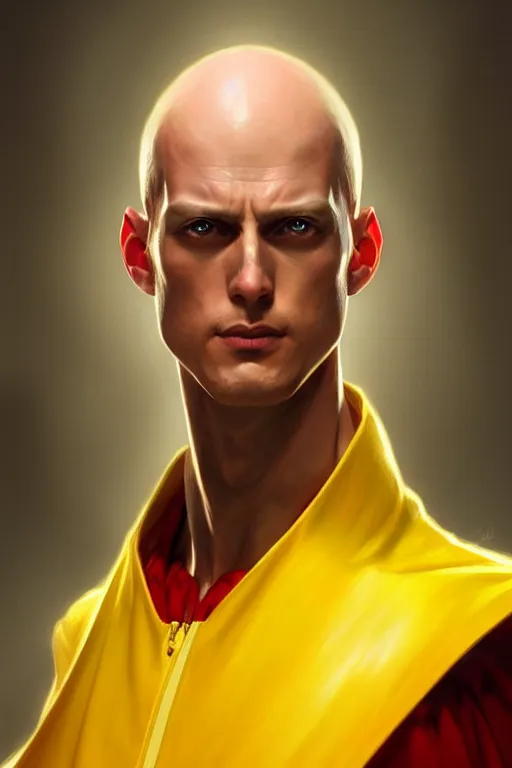 Prompt: ultra realistic illustration, handsome saitama. yellow and red cape, intricate, elegant, highly detailed, digital painting, artstation, concept art, smooth, sharp focus, illustration, art by artgerm and greg rutkowski and alphonse mucha and wlop