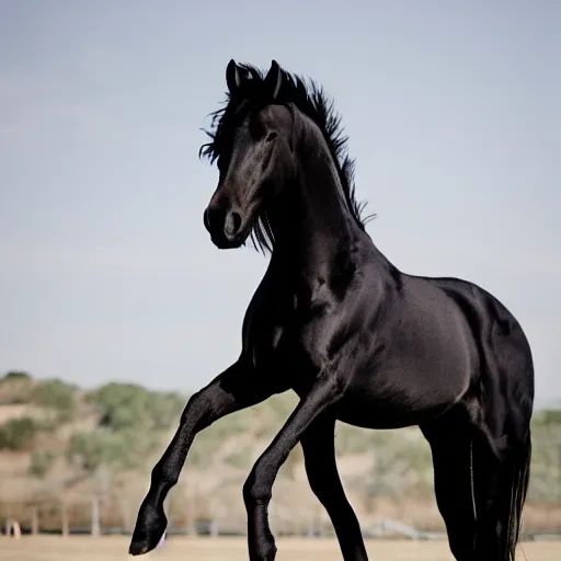 Prompt: of a black horse raising its front legs in the air