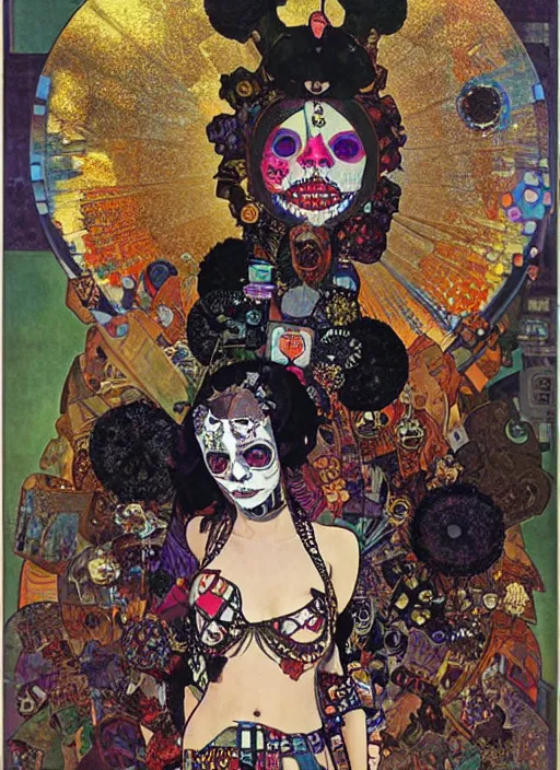 Prompt: cute punk goth fashion hippy fractal Día de los Muertos alien girl wearing kimono made of circuits and leds by Mario Testinoa, poster art by Hannah Höch Victor Moscoso Rick Griffin Alphonse Mucha Gustav Klimt Ayami Kojima Amano Charlie Bowater