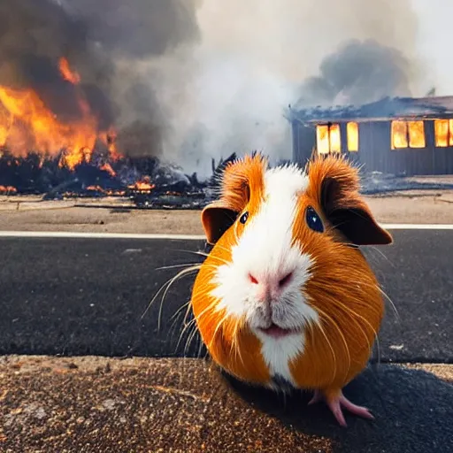 Image similar to a Guinea pig taking a selfie in front of a burning house