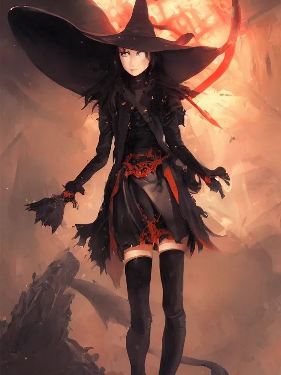 Image similar to Full shot of a cute mischievous young witch about to get up to some trouble. Black and Orange palette. By Ruan Jia and Artgerm and Range Murata and WLOP and CLAMP. Key Art. Fantasy Illustration. award winning, Artstation, intricate details, realistic, Hyperdetailed, 8k resolution.