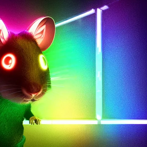 Image similar to cyberpunk hamster! holding rainbow! gem! crystal, neon lights, light reflection, logo, 8 k, hd