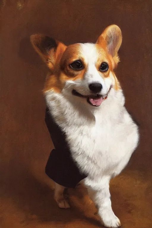 Prompt: portrait of a corgi in a suit, royal, by rembrandt and konstantin razumov