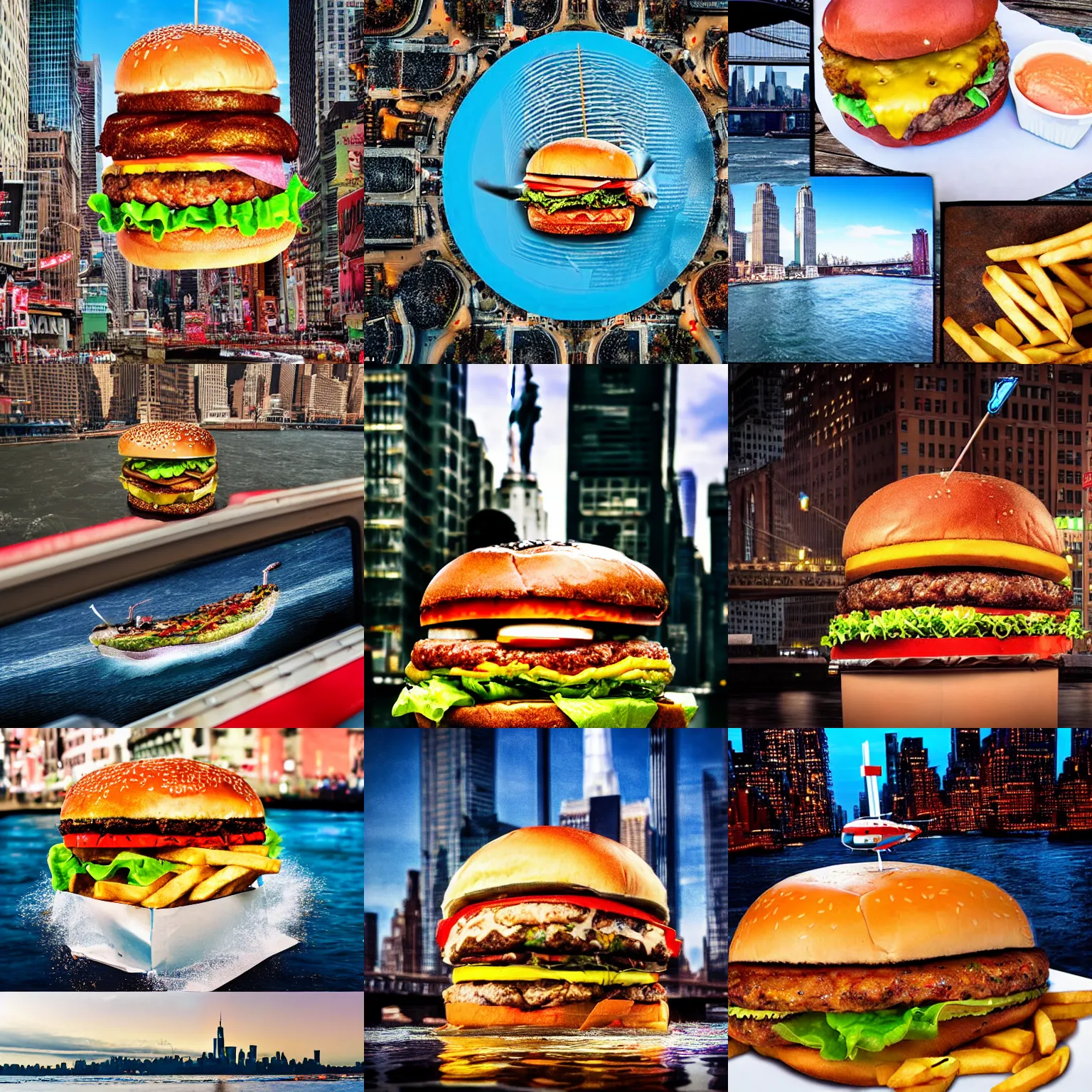 Prompt: Giant burger and fries splashes into New York city river, mind-bending digital art, macro photography 25mm, hollywood movie cinematic helicopter view