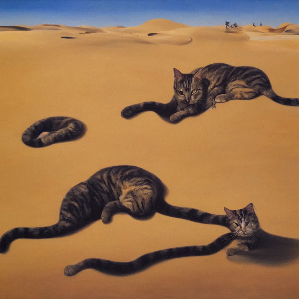 Image similar to an untradetailed oil painting of a melting cat lying on flowing desert, landscape with dunes and oasis far away, hyper realistic, magic, fantasy, by salvador dali