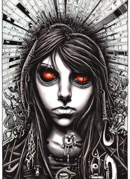 Image similar to a portrait of a pretty sewer punk young lady by aaron horkey