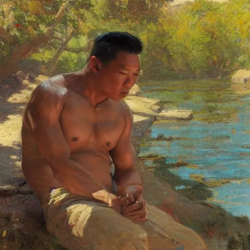 Image similar to asian man by the river, muscular, painted by Gaston Bussiere, Craig Mullins