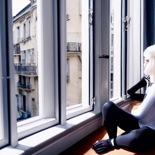 Image similar to 19-year-old Aristocratic platinum-blonde-haired hime-cut blue-eyed French empress wearing white leggings and black jacket, looking out open window, sitting in French apartment, communist city, futuristic city, cyberpunk city, HD photograph