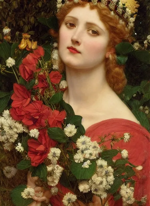 Prompt: masterpiece Queen of flowers by John Collier, John William Godward, Wladislaw Czachorski, Theodoros Ralli,