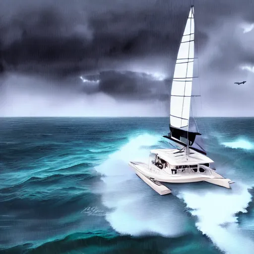 Prompt: catamaran yacht on the ocean during a storm painting, 4 k, hyper realistic, dslr, high resolution, landscape, beautiful