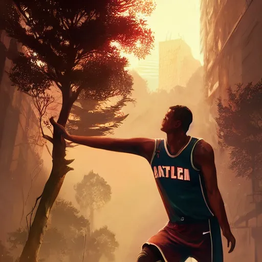 Image similar to highly detailed basketball player, in gta v, stephen bliss, unreal engine, fantasy art by greg rutkowski, loish, rhads, ferdinand knab, makoto shinkai and lois van baarle, ilya kuvshinov, rossdraws, tom bagshaw, global illumination, radiant light, detailed and intricate environment